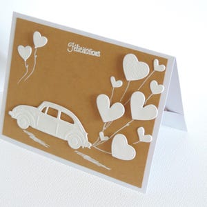 Wedding card, PACS, wedding car and hearts, congratulations card, handmade
