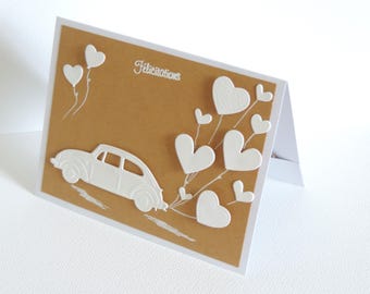 Carte mariage, PACS, voiture des mariés et coeurs, carte de félicitations, fait main