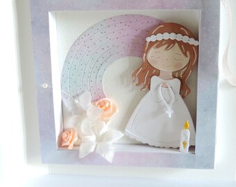 Carte communion fille, carte boîte, fait main.