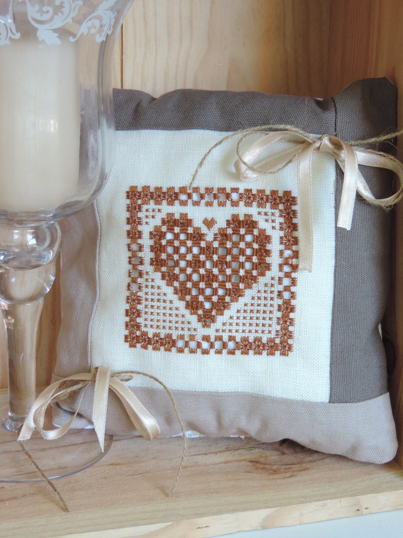 country wedding Cushion of alliances embroidered heart handmade