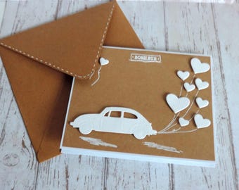 Carte mariage, félicitations PACS, carte voiture des mariés et coeurs, carte de félicitations mariage, fait main