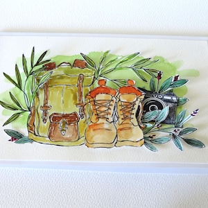 Carte de voeux sur la randonnée, carte homme/femme, aquarelle, fait main.