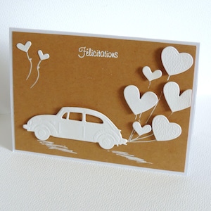 wedding or civil partnership congratulations card, car and hearts. handmade