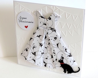 carte anniversaire chat et robe origami, fait main, carte de voeux anniversaire.