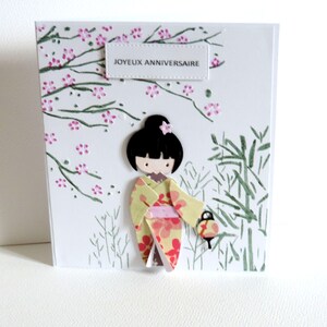Carte anniversaire femme, carte kokeshi, faite main.