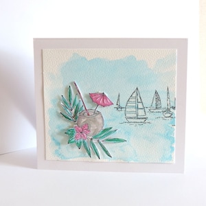 Carte de voeux aquarelle thème vacances au bord de la mer, carte faite main.