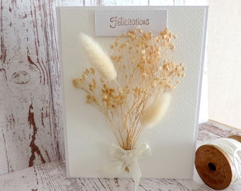 Tarjeta de felicitación de boda, tarjeta de flores secas, boda, hecha a mano.