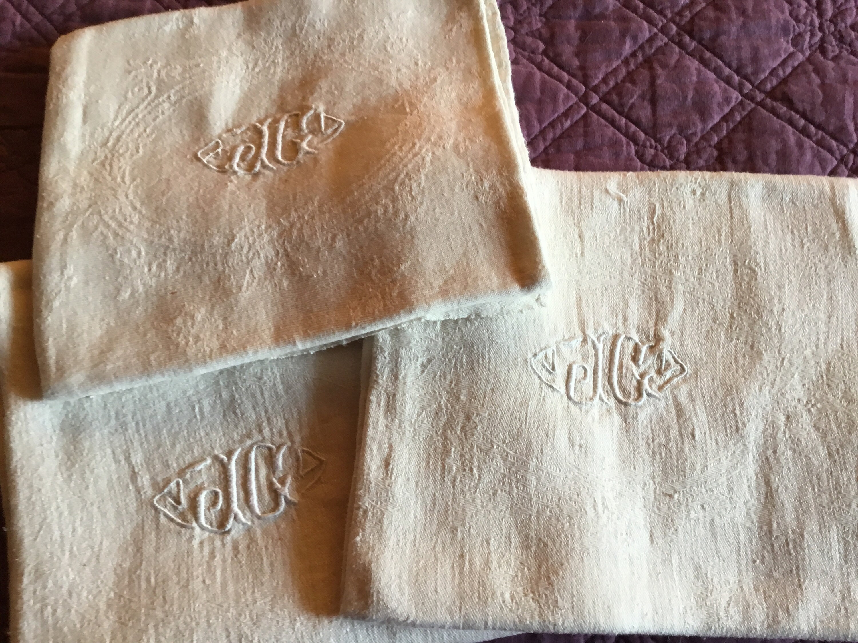 61x68cm, Lot 3 Serviettes Vintage Monograme, Fil
