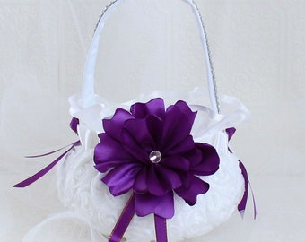 Cesta de flores de boda, cesta morada, blanco y morado, cestas de niña de las flores, ceremonia de boda, almohada de anillo, accesorios de boda, coronas Zoraya