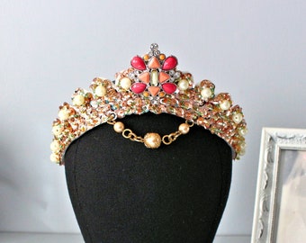 Classical Gold Pink Crown, Handmade Tiara, Party Wedding Prom Bridal Shower Headpiece, Gold Pearls Multicolor, Hair Accessories