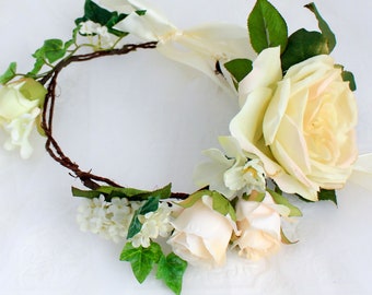 Wedding Crown, Cream Roses, Bridal Flower Headband, Floral Wedding Crown, Woodland, Wedding Headpiece,Flower Girl,Wreath,Wedding Accessories
