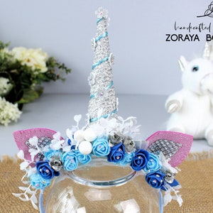 Blue Silver Unicorn Flower Crown: Pastel Fairy Headband