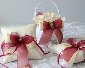 Wedding Ring Pillow & Basket,Cream, White, Burgundy, Ring Bearer, Organza Bow, Cameo, Bridal, Wine Red, Wedding Accessories, Rose Basket