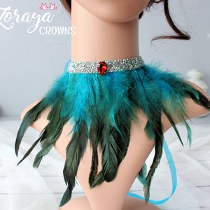 Feather Chokers & Wristband: Silver Rhinestone Trim, Ruby, Turquoise, Glam Party Collar