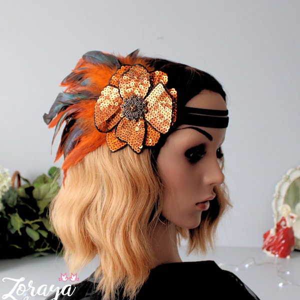 Feather Headband, 1920s Style Flapper, Black Orange Feathers Velvet Bands Headdress, Rooster Plumes, Wedding Prom Night Party Great Gatsby