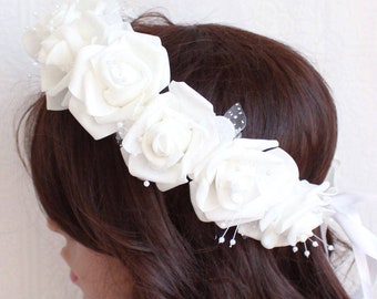 Wedding Crown, Bridal Flower Headband, Floral Wedding Crown,White Roses Crown,White,Wedding Headpiece,Flower Girl,Wreath,Wedding Accessories