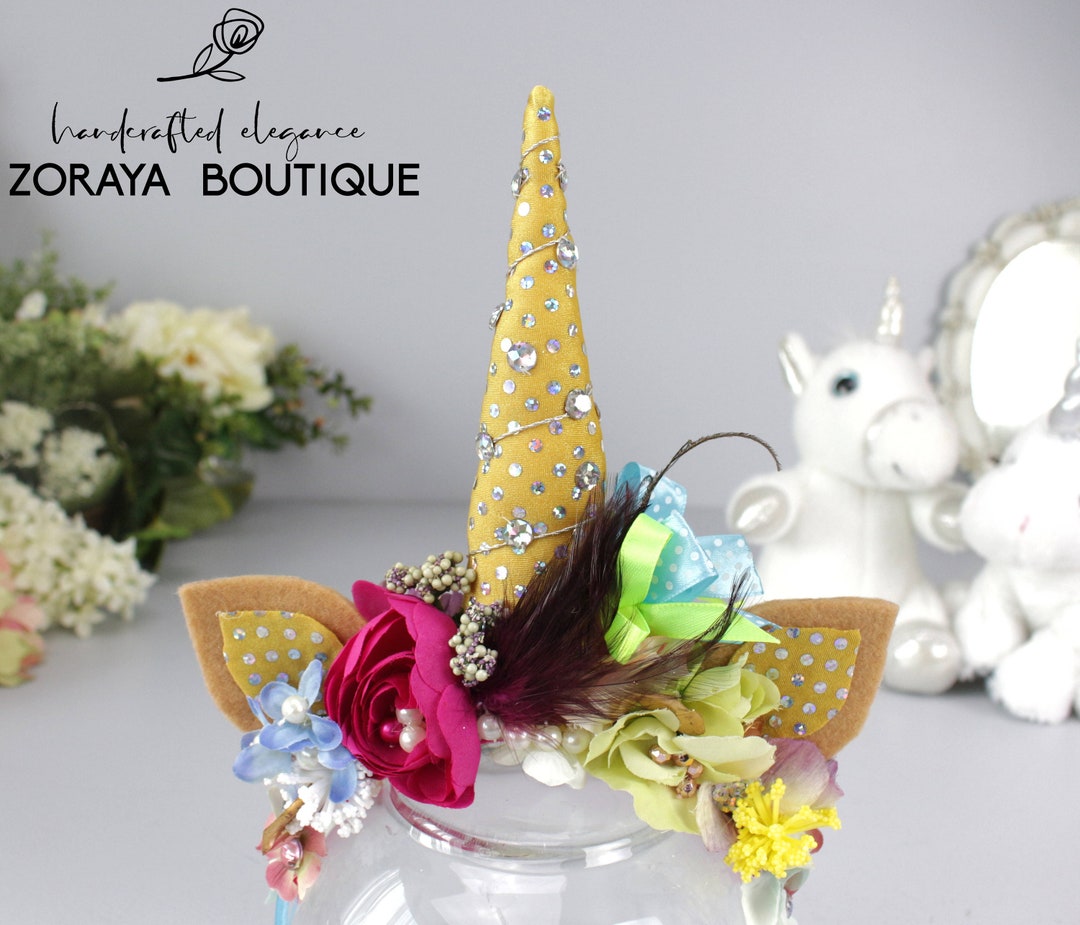 Gold Unicorn Flower Crown, Gold Horn Colorful Crown, Fairy Crown, Baby ...