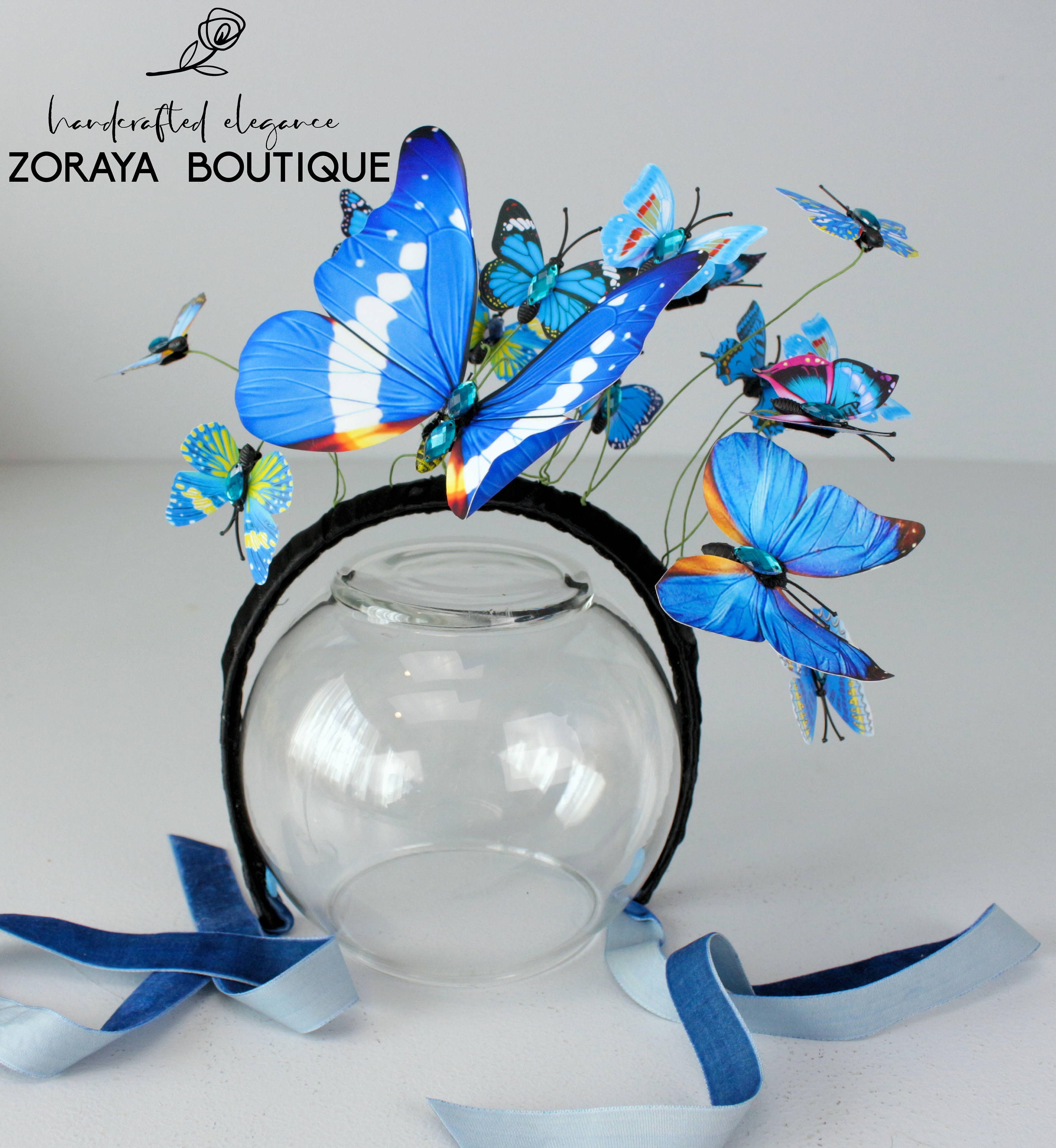 5183 Butterfly Headbands- Blue Fascinator Hat Headpiece Costume Blue Butterfly Headpiece: Handmade Fascinator Crown, Cosplay  main image 3