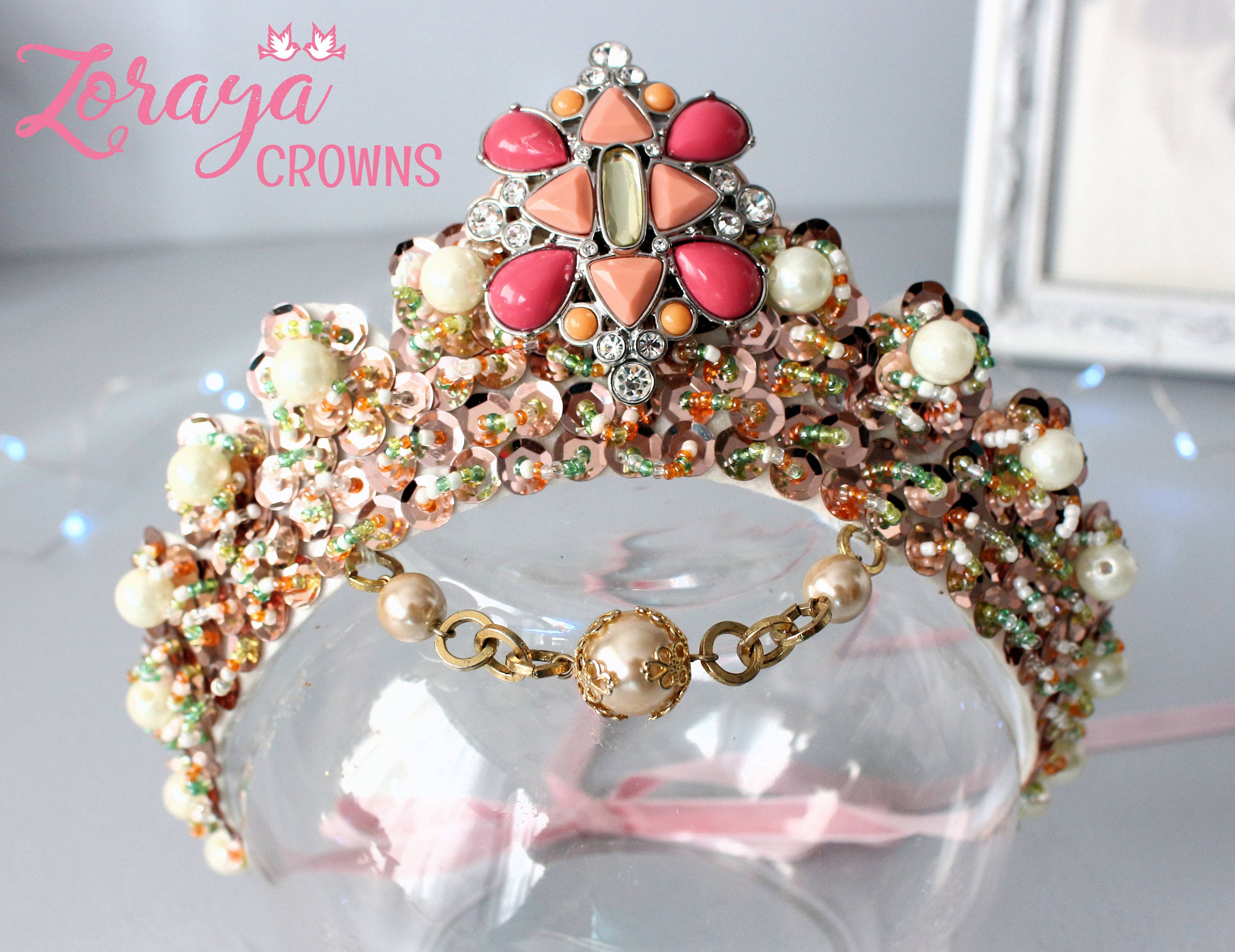 Handmade Gold & Pink Pearl Tiara: Bridal Wedding Crown - Etsy display picture 3