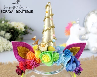 Rainbow Unicorn Flower Crown, Kids Crown,Fairy Crown, Baby Girl Crown, Girls Props, Headband, First Birthday, Birthday Prop for Tutu