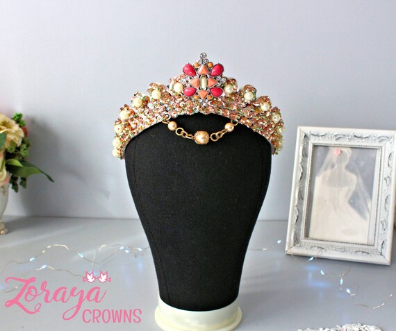 Elegant Gold Tone Tiara with Light Pink beads. New in packaging! 5cm Tall AB Crystal Flower Rose Gold Wedding Princess Tiara  main image 2