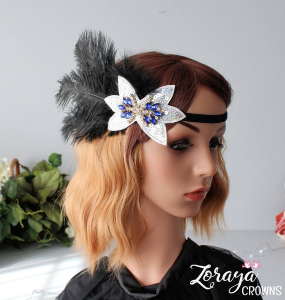 Black Ostrich Feather Headband: Blue Crystal 1920s Flapper  display picture 1