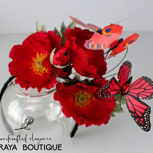Copricapo con fiore di papavero rosso: corona con farfalla, costume da cosplay