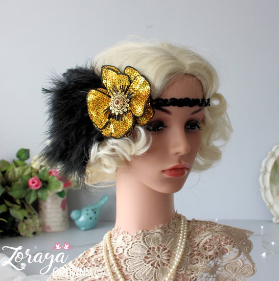 Feather Headband: Marabou Flapper Style, Black Feathers  display picture 2