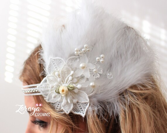 Marabou Feather Headband: Bridal Rhinestone & Pearl Hair  display picture 1