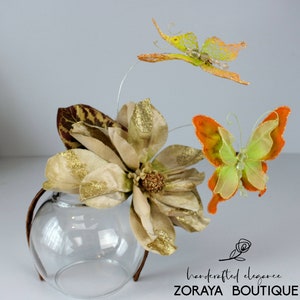 Copricapo a farfalla: corona fascinator marrone-arancio, copricapo da cosplay
