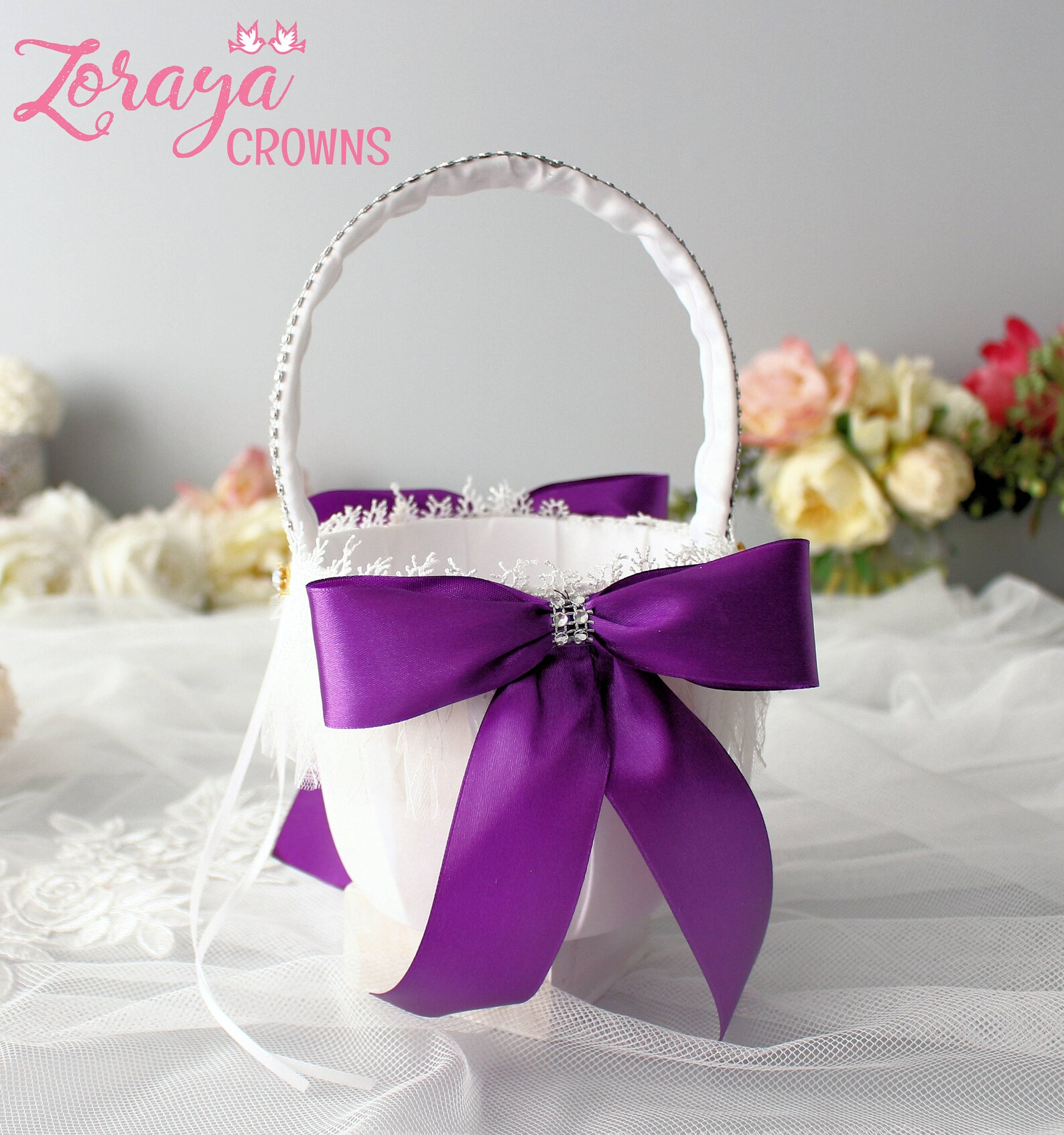 Wedding Flower Basketpurple Basketwhite and Purpleflower Etsy