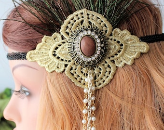 Peacock Feather Flapper Headband: 1920s Style, Gold & Brown