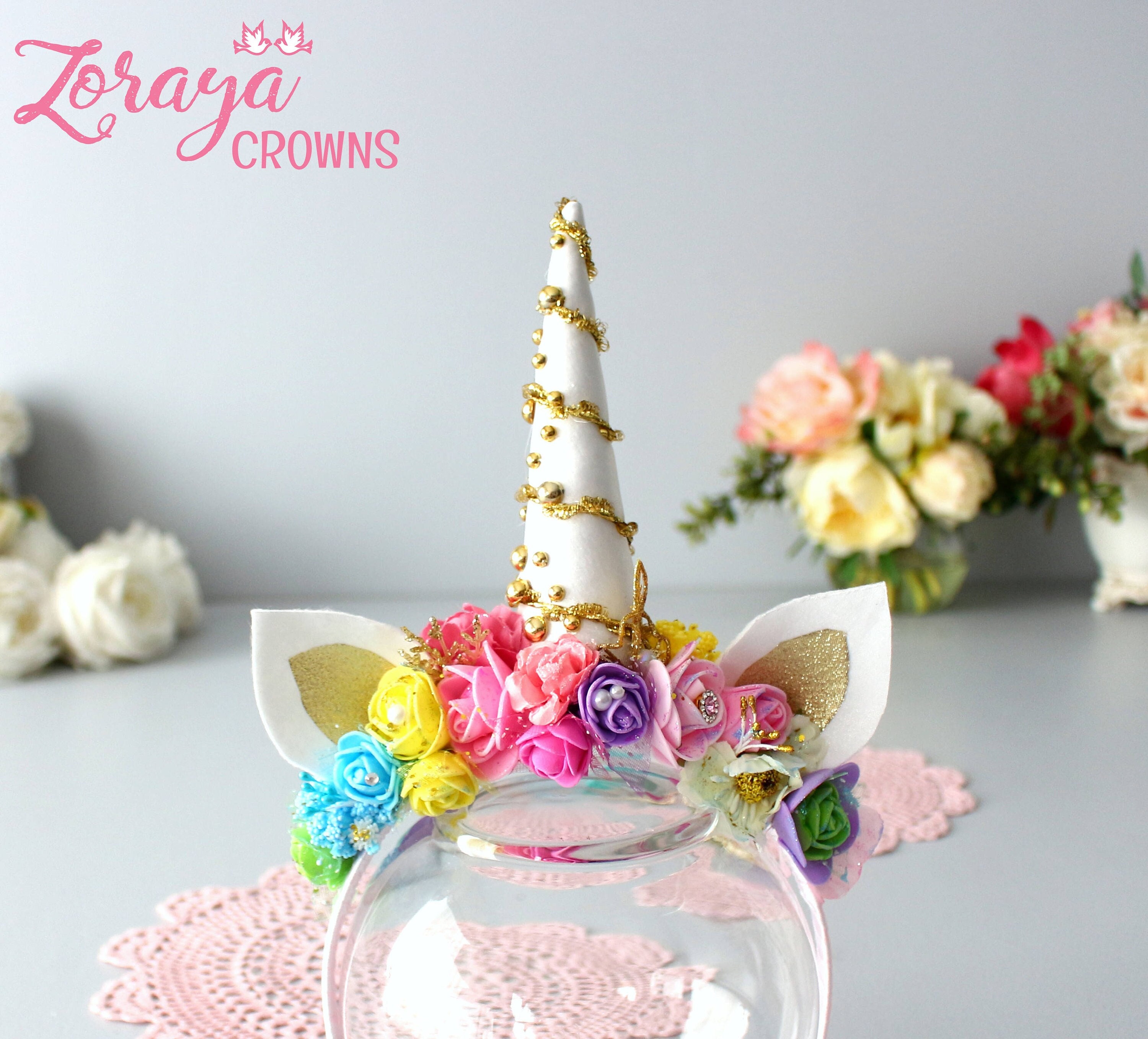 unicorn flower crown ? ready to ship or custom Pink Unicorn Crown, Flower Headband, Mushroom Crown, Forest  main image 2