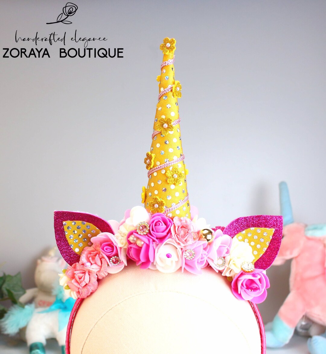 Unicorn Flower Crown, Hot Pink White &amp; Gold Crown, Glittered, Kids ...