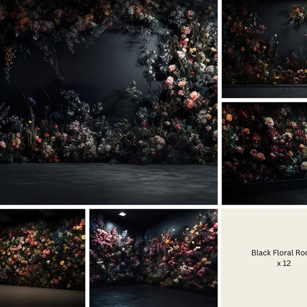 Black Room Florals Digital Backdrops, Maternity Backdrop Overlays, Studio Backdrop Overlays, Fine Art Textures, Photoshop Overlays