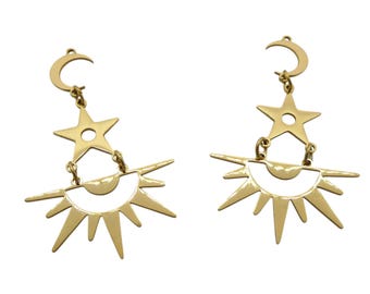 1 Galaxy theme pendant - Sun, star and moon - 53x32mm 201 stainless steel gold (USBDAI21)