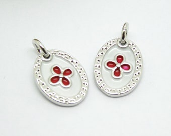 1 Oval pendant Flower 12-9mm brass plated silver and white and red enamel (USBA111)