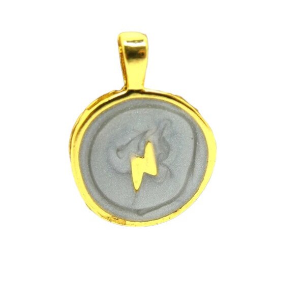 2 Pendants, round charms 25*18mm, lightning bolt, gold and pearly gray enamel (8SBD300)