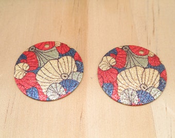 2 Breloques rondes pailletées 20mm imprimé fleur de lotus, motif japonais doré, rouge, bleu- dos doré pailleté (8SBDP66)