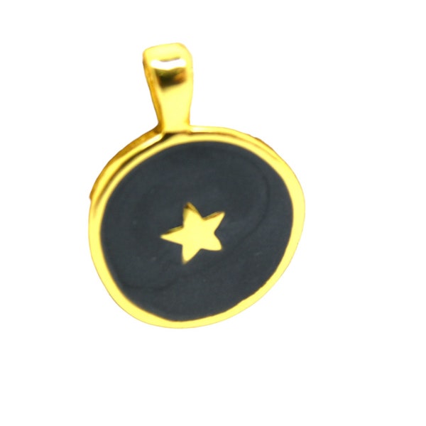 2 Pendentifs, breloques rond 25*18mm, étoile, doré et émail noir nacré (8SBD301)