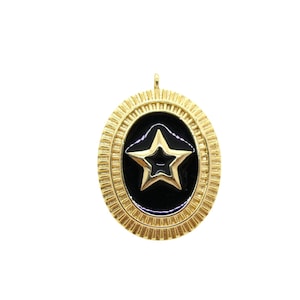 Ciondolo ovale con stella - 24x18mm - placcato oro 18k e smalto nero (8SBD381)