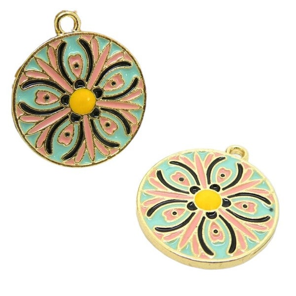 2 round charms ethnic, oriental pattern 22*20mm gold and pink enamel, water green (KBD65)