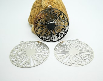 2 round filigree stamps flower pattern 32*31mm silver (8SEF31)