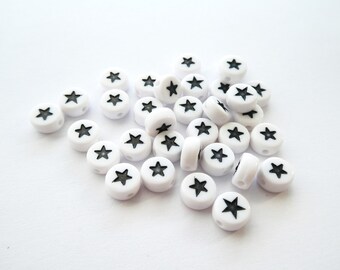 20 round acrylic beads 7mm white and black star (8SPA07)