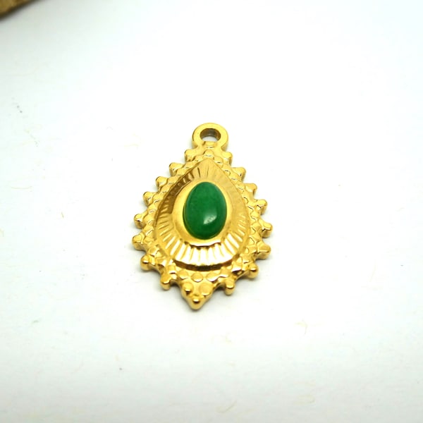 1 Pendentif ethnique forme goutte acier inox 304 doré et jade teintée verte, 22*14mm (PHPID05)