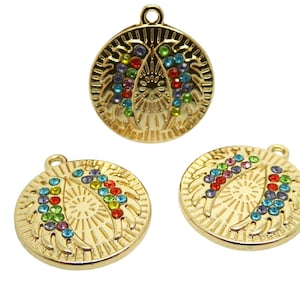 1 Round Angel Wing Pendant with Multicolored Rhinestones, 25*22mm, Gold (8SBD203)
