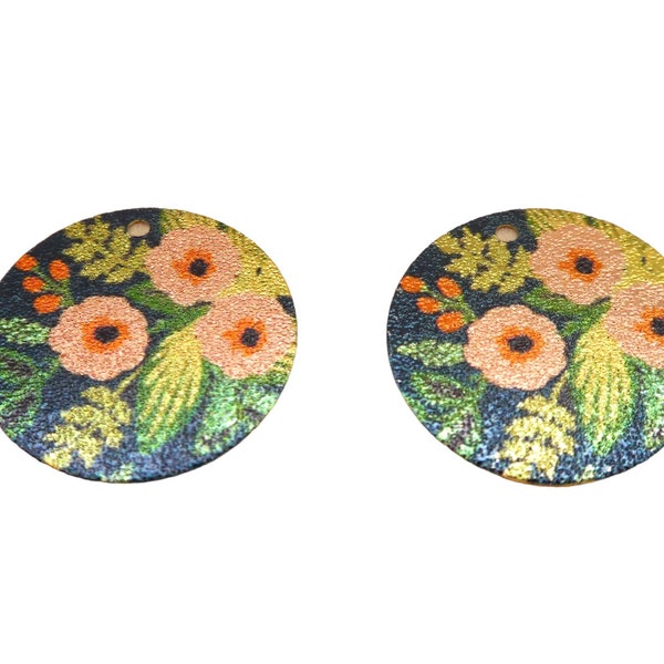 2 Breloques rondes pailletées 20mm imprimé fleur et feuille doré, vert, rose, bleu - dos doré pailleté (8SBDP63)