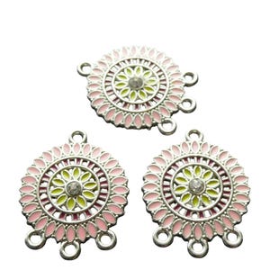 4 Ethnic chandeliers, bohemian 27*21mm, aged silver and pink enamel - earring holder (LCA04)