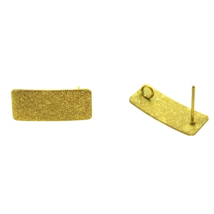 May include: Two gold-colored rectangular stud earrings. The earrings have a textured surface and a post for insertion. One earring is shown from the front, and the other is shown from the back, with the post and loop visible.