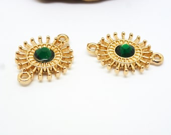 2 round flower-shaped connectors with green rhinestones - 20*15mm - gold (8SCD85)
